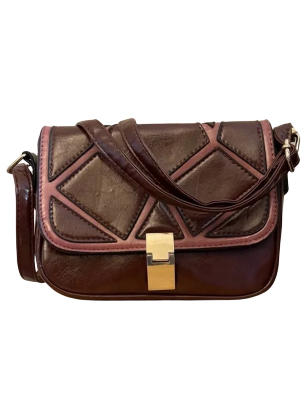 Vintage Deep Chocolate Red Leather-Look Patchwork Shoulder Bag — 9×6×2" EUC